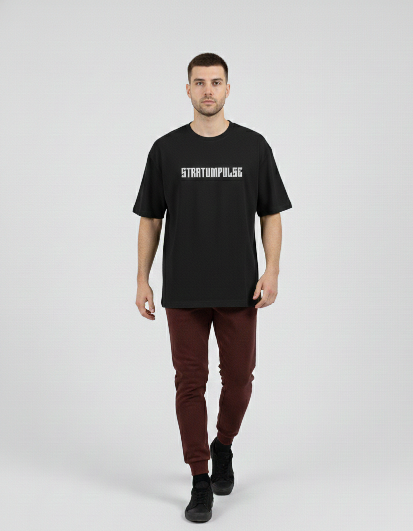 Man wearing a black t-shirt with 'STARTHOPPERS' text on a white background