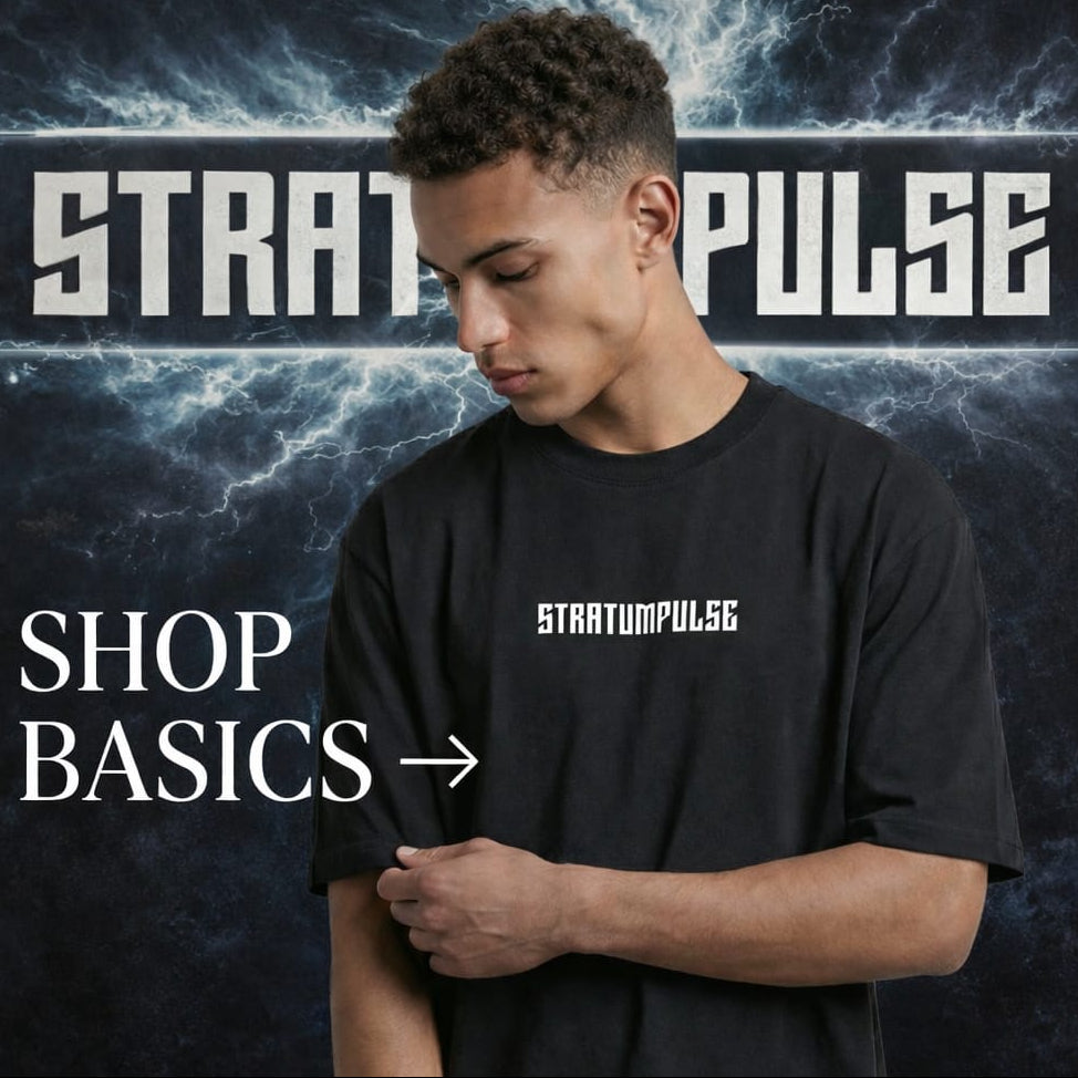 Person wearing a black t-shirt with 'Stratumpulse' logo against a dark background with lightning effects.